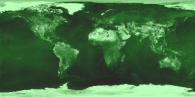 A physical world map, with only green-tone colors